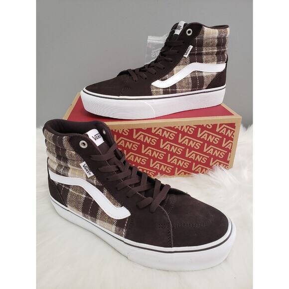 NEW Vans‎ Filmore Hi Platform Sneakers Womens 10 Plaid Mix Brown White Shoes Hi - Picture 1 of 7